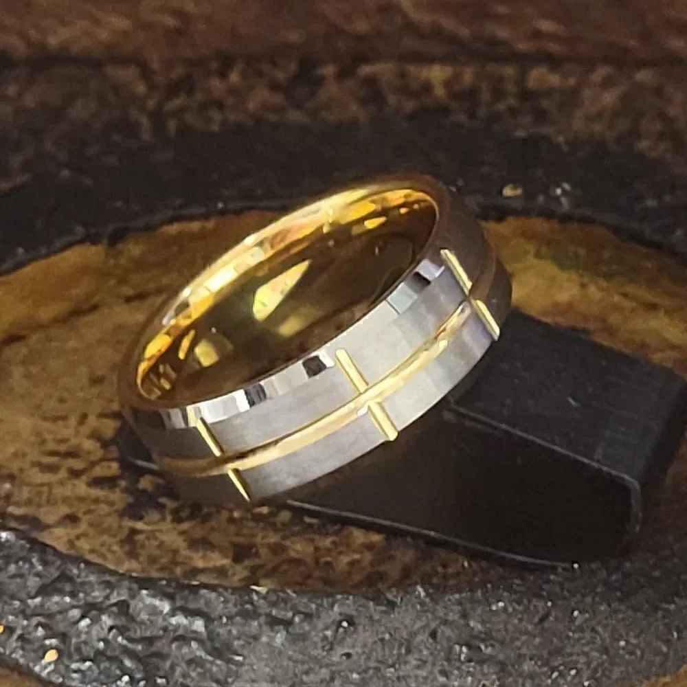 Men's Real Tungsten Promise Ring Brushed Steel 14k Gold Grooves - Guy's Ring